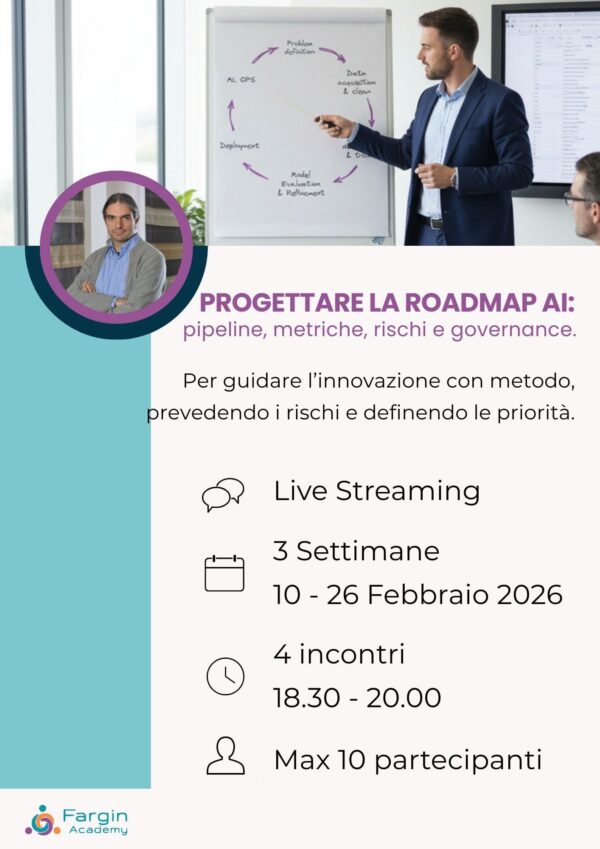 Progettare la roadmap AI: pipeline, metriche, rischi e governance.